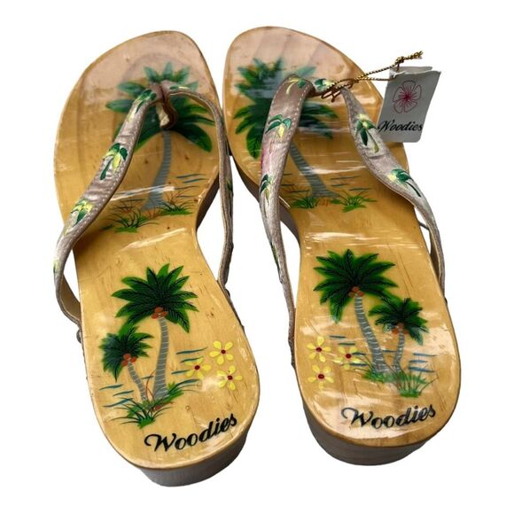Woodies Vintage Shoes Wooden Wedge Sandals HAND PAINTED PALM TREES Clogs Sz 6 - Picture 7 of 15